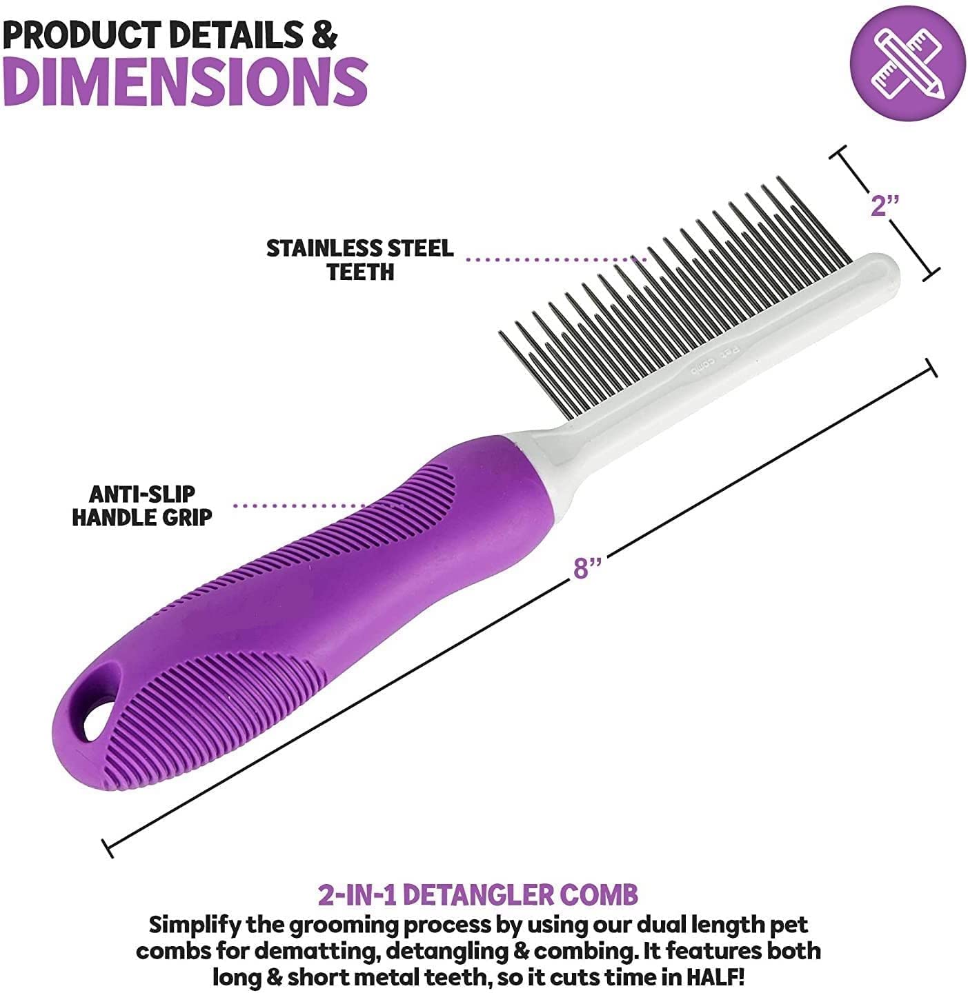 Detangling Pet Comb with Long & Short Stainless Steel Teeth for Removing Matted Fur, Knots & Tangles – Detangler Tool Accessories for Safe & Gentle DIY Dog & Cat Grooming (Grooming Comb)