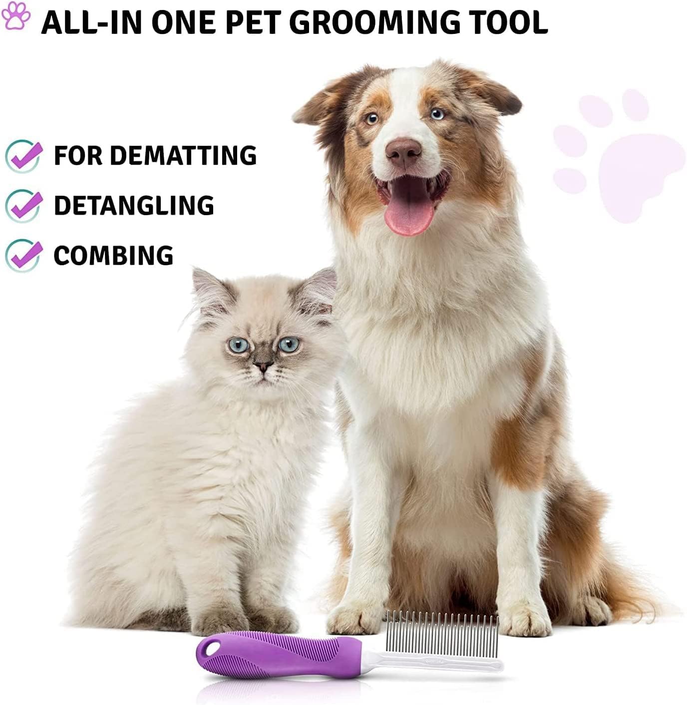 Detangling Pet Comb with Long & Short Stainless Steel Teeth for Removing Matted Fur, Knots & Tangles – Detangler Tool Accessories for Safe & Gentle DIY Dog & Cat Grooming (Grooming Comb)