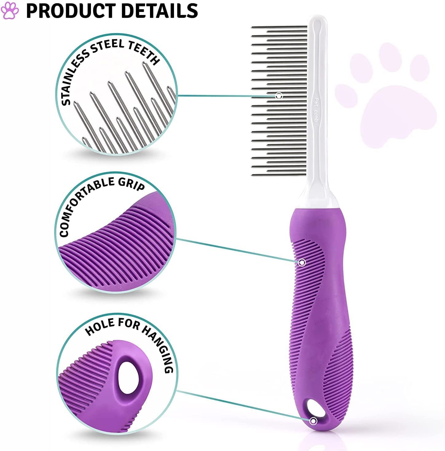 Detangling Pet Comb with Long & Short Stainless Steel Teeth for Removing Matted Fur, Knots & Tangles – Detangler Tool Accessories for Safe & Gentle DIY Dog & Cat Grooming (Grooming Comb)