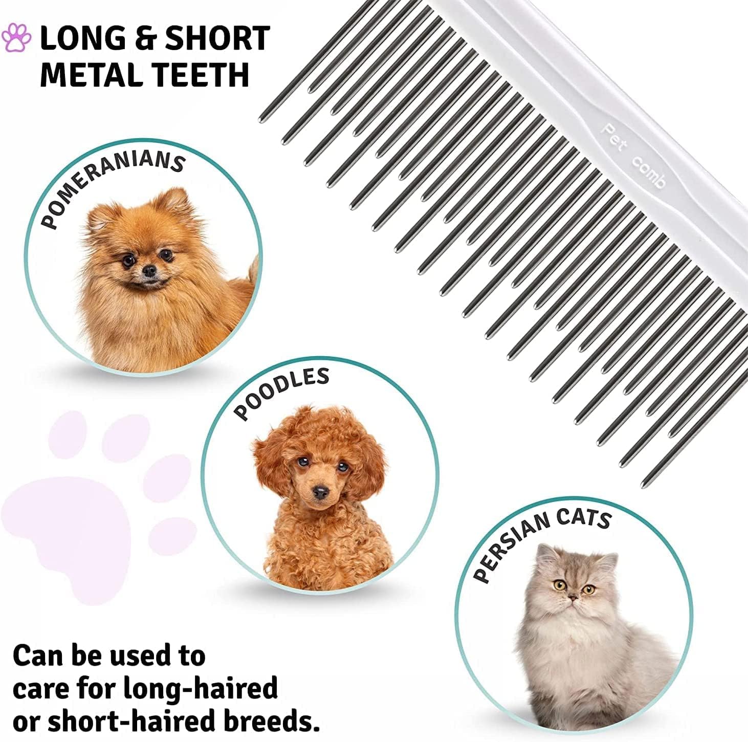 Detangling Pet Comb with Long & Short Stainless Steel Teeth for Removing Matted Fur, Knots & Tangles – Detangler Tool Accessories for Safe & Gentle DIY Dog & Cat Grooming (Grooming Comb)