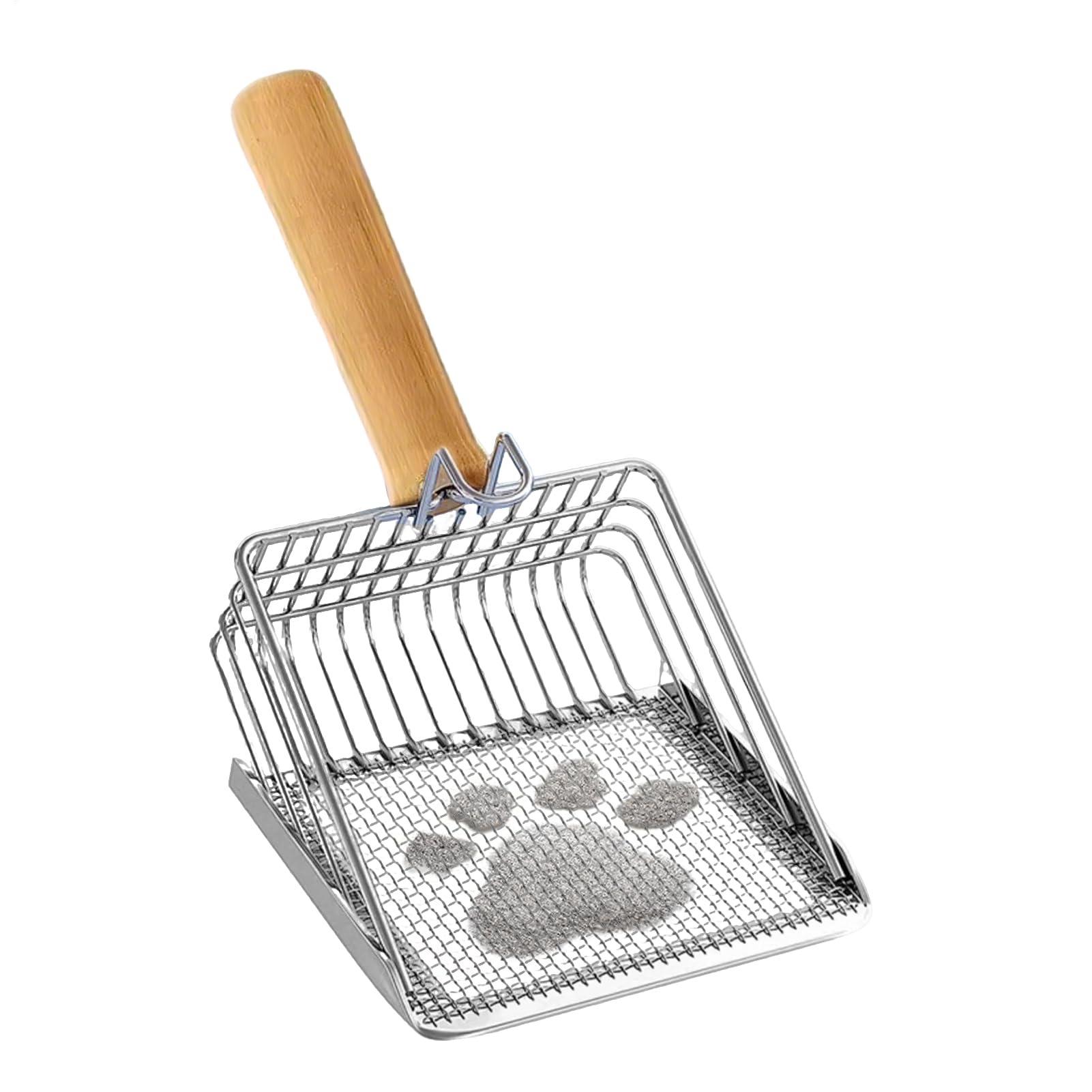 Cat Litter Scooper - Stainless Steel Cat Litter Scoop with Hook - Heavy Duty Speed Sifter Non Stick Shovel with Wooden Handle Poop Lifter for Kitten Indoor House