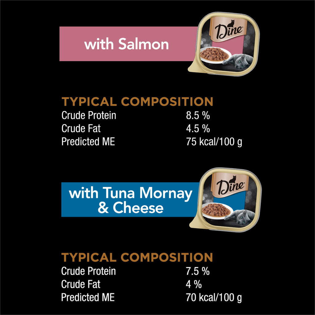 DINE Mixed Multipack Wet Cat Food, Salmon, Saucy Morsels with Tuna Tray 85g, 28 Pack