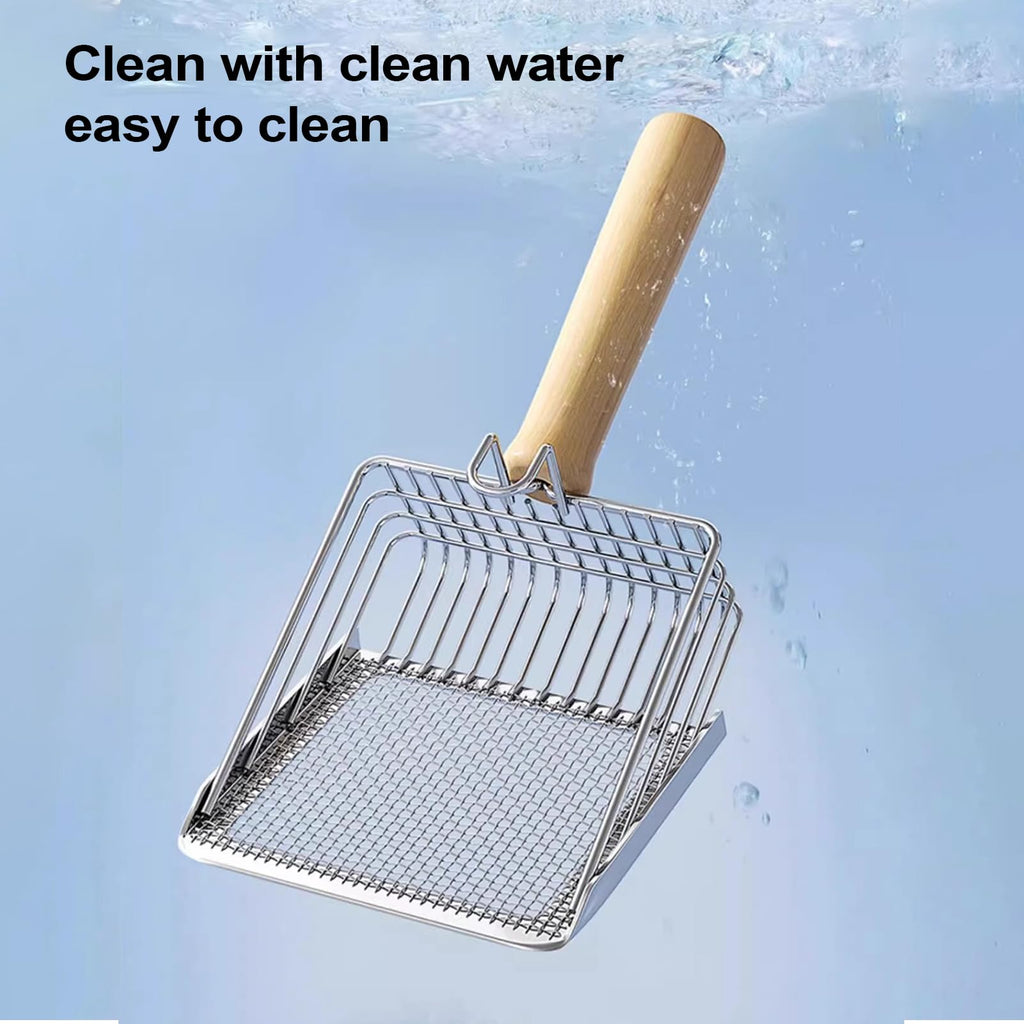 Cat Litter Scooper - Stainless Steel Cat Litter Scoop with Hook - Heavy Duty Speed Sifter Non Stick Shovel with Wooden Handle Poop Lifter for Kitten Indoor House