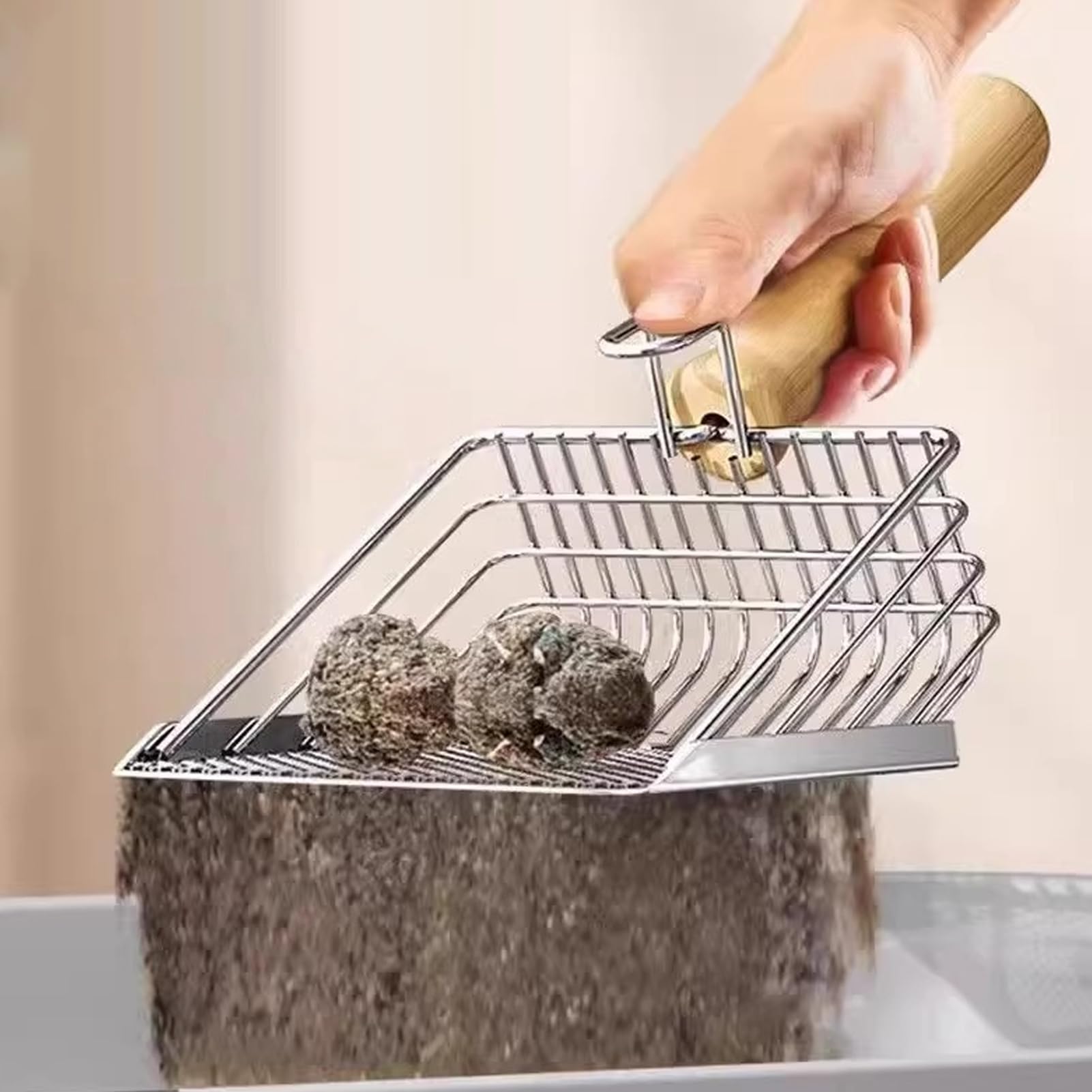 Cat Litter Scooper - Stainless Steel Cat Litter Scoop with Hook - Heavy Duty Speed Sifter Non Stick Shovel with Wooden Handle Poop Lifter for Kitten Indoor House