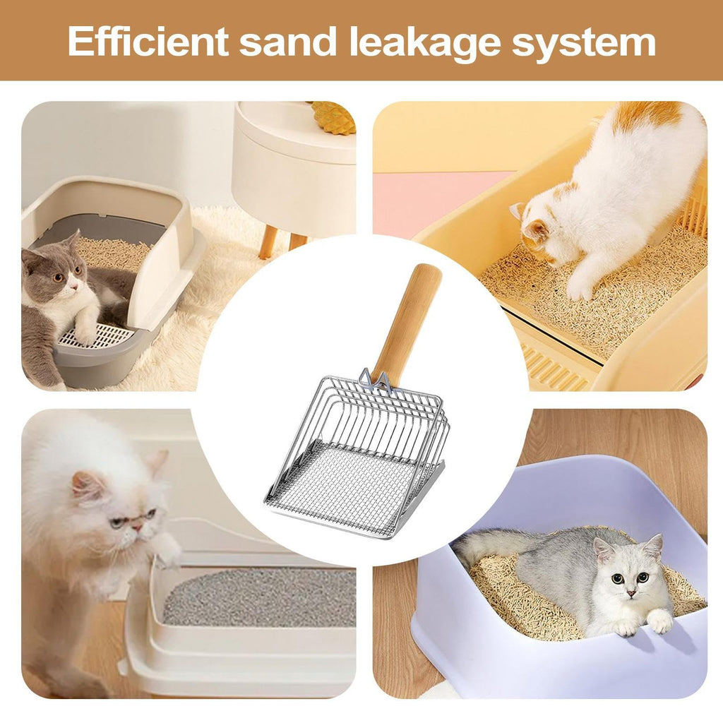 Cat Litter Scooper - Stainless Steel Cat Litter Scoop with Hook - Heavy Duty Speed Sifter Non Stick Shovel with Wooden Handle Poop Lifter for Kitten Indoor House