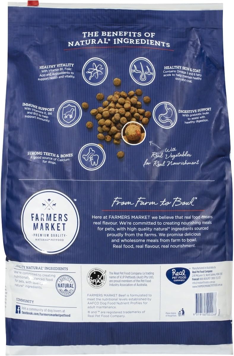 Farmer's Market Beef and Farm Vegetables Adult Dry Dog Food 6.8kg - Made with Real Australian Meat & Vegetables for Complete Nutrition, Supports Muscle, Skin & Coat Health