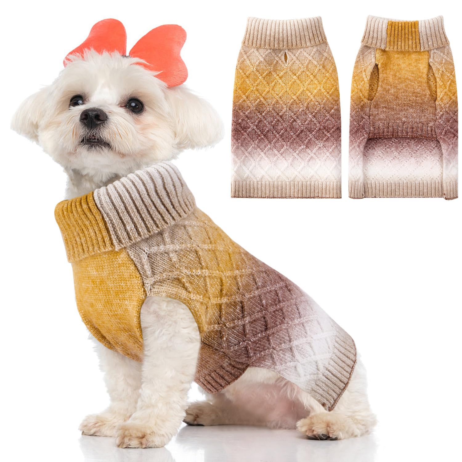 SlowTon Dog Turtleneck Sweater - Dog Warm Pullover Sweater with Leash Hole, Color Gradient Knitted Winter Clothes for Small Medium Dogs Puppies