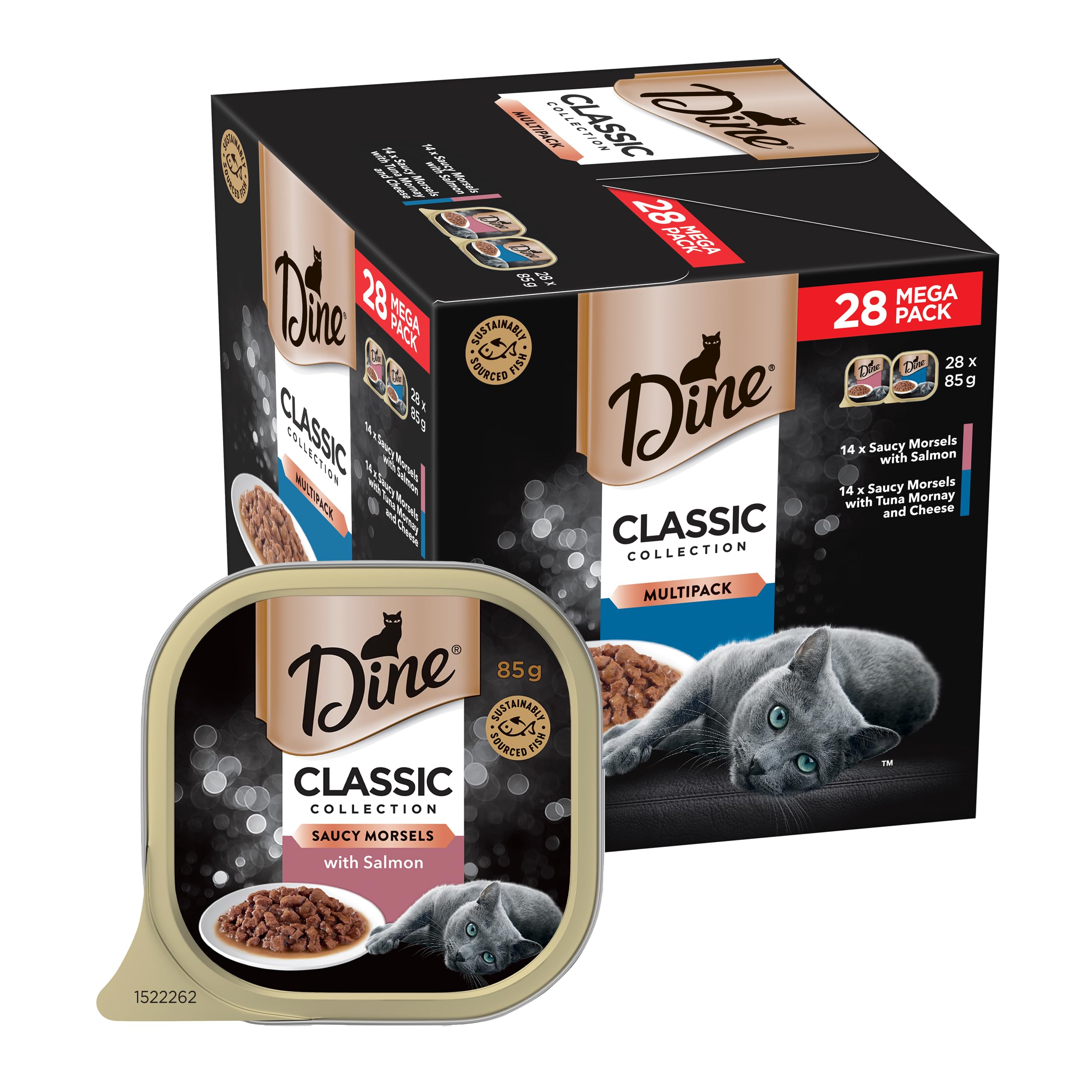 DINE Mixed Multipack Wet Cat Food, Salmon, Saucy Morsels with Tuna Tray 85g, 28 Pack
