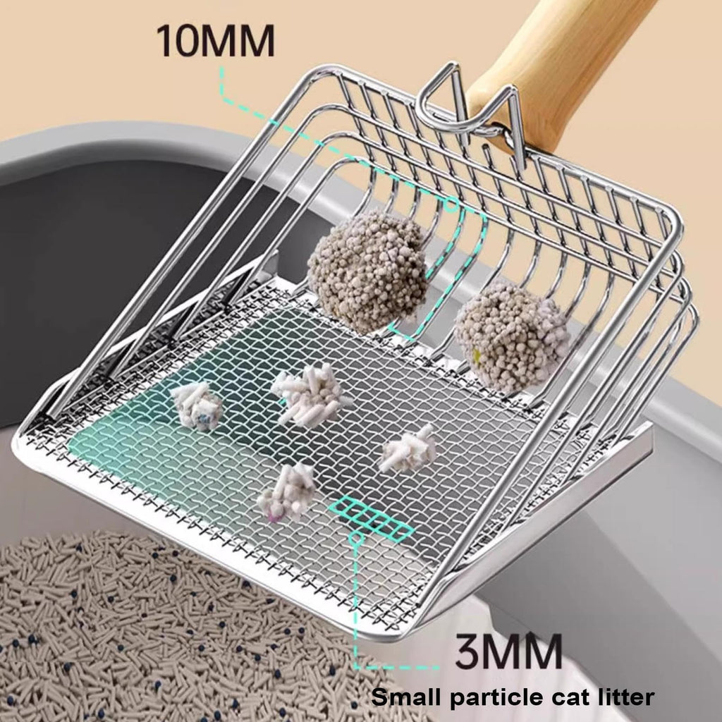 Cat Litter Scooper - Stainless Steel Cat Litter Scoop with Hook - Heavy Duty Speed Sifter Non Stick Shovel with Wooden Handle Poop Lifter for Kitten Indoor House